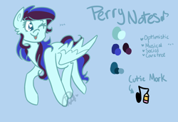 Size: 1600x1100 | Tagged: safe, artist:perrydoodles, imported from derpibooru, oc, oc:perry notes, pegasus, pony, cutie mark, female, mare, music notes, one eye closed, pencil, reference sheet, text, tongue out, wings, wink