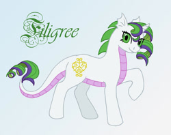 Size: 713x566 | Tagged: safe, artist:merrypaws, imported from derpibooru, oc, oc only, oc:filigree, dracony, hybrid, ear fins, female, filly, foal, gradient background, interspecies offspring, offspring, parent:rarity, parent:spike, parents:sparity, raised hoof, smiling, solo