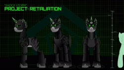 Size: 2667x1500 | Tagged: safe, artist:spy ghost, imported from derpibooru, oc, oc only, pony, robot, robot pony, unicorn, dark background, glowing, glowing eyes, green background, height, no mane, no tail, reference sheet, simple background, size comparison, solo