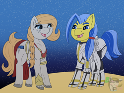 Size: 1600x1200 | Tagged: safe, artist:gray star, derpibooru exclusive, imported from derpibooru, oc, oc only, oc:gray star, oc:shining valor, earth pony, clone trooper, female, male, may the fourth be with you, muscles, muscular female, slave leia outfit