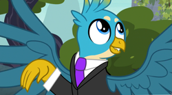 Size: 2333x1293 | Tagged: safe, edit, edited screencap, imported from derpibooru, screencap, gallus, griffon, school daze, clothes, cute, gallabetes, male, necktie, solo, suit