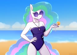 Size: 3508x2480 | Tagged: safe, artist:jellysketch, imported from derpibooru, princess celestia, anthro, alcohol, beach, breasts, clothes, female, martini, missing horn, ocean, one-piece swimsuit, princess luna's cutie mark, reasonably sized breasts, solo, stupid sexy celestia, sunglasses, swimsuit, water, wingless, wingless anthro