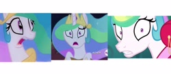 Size: 2048x892 | Tagged: safe, edit, edited screencap, imported from derpibooru, screencap, princess celestia, alicorn, pony, between dark and dawn, season 1, season 4, season 9, swarm of the century, twilight's kingdom, big eyes, close-up, comparison, crown, cute, cutelestia, eyelashes, face, female, flowing mane, frown, gasp, jewelry, mare, multeity, open mouth, regalia, scared, scaredlestia, shrunken pupils, surprised face, teeth