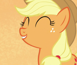 Size: 608x514 | Tagged: safe, imported from derpibooru, screencap, applejack, earth pony, pony, all bottled up, season 7, best friends until the end of time, cropped, cute, eyes closed, female, freckles, jackabetes, mare, orange background, simple background, smiling, solo