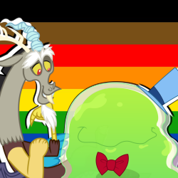 Size: 250x250 | Tagged: safe, anonymous artist, edit, imported from derpibooru, discord, smooze, draconequus, bowtie, crack shipping, duo, gay, gay couple, hat, lgbt, male, outline, pride flag, shipping, smoozecord, white outline