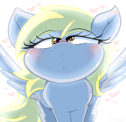 Size: 934x908 | Tagged: safe, artist:malachimoet, imported from derpibooru, derpy hooves, pegasus, pony, blushing, heart eyes, kissing, kissy face, looking at you, love, romance, romantic, simple background, solo, waifu, white background, wingding eyes