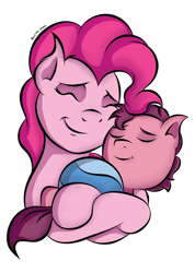 Size: 1006x1409 | Tagged: safe, artist:johesy, imported from derpibooru, pinkie pie, oc, oc:little brian, earth pony, pony, banned from equestria daily, baby, baby pony, ball, colt, eyes closed, female, foal, hug, male, mare, mother, mother and child, mother and son, offspring, parent:oc:big brian, parent:pinkie pie, parents:canon x oc, simple background, smiling, transparent background