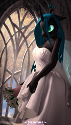 Size: 2160x3840 | Tagged: safe, artist:steamyart, imported from derpibooru, queen chrysalis, anthro, changeling, changeling queen, 3d, bouquet, canterlot wedding 10th anniversary, clothes, dress, female, flower, marriage, sad, solo, source filmmaker, wedding, wedding dress, window