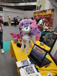 Size: 1200x1600 | Tagged: safe, imported from derpibooru, discord, pinkie pie, sunny starscout, sweetie belle, twilight sparkle, human, robot, g5, irl, irl human, photo, plushie, proto3, rubronycon, russia, sweetie bot, sweetie bot project, translated in the comments