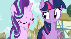 Size: 1080x593 | Tagged: safe, imported from derpibooru, screencap, starlight glimmer, twilight sparkle, alicorn, unicorn, fame and misfortune, ponies standing next to each other, ponyville, twilight sparkle (alicorn)