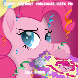 Size: 5120x5120 | Tagged: safe, artist:lincolnbrewsterfan, derpibooru exclusive, imported from derpibooru, pinkie pie, earth pony, pony, my little pony: the movie, party of one, .svg available, absurd resolution, animated, bedroom eyes, birthday cake, cake, chewing, chewing ponies, confetti, cute, diapinkes, eating, female, food, gradient background, happy birthday, hapvw mnulh milnum nim, heart, heart hoof, hoof hold, lidded eyes, looking at you, mouth hold, movie accurate, pink fluffy unicorns dancing on rainbows, pinkamena diane pie, pinkie pie's birthday, raised hoof, simple background, smiling, smiling at you, solo, svg, vector, written equestrian