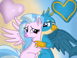 Size: 2732x2048 | Tagged: safe, artist:justsomepainter11, imported from derpibooru, gallus, silverstream, classical hippogriff, griffon, hippogriff, season 8, what lies beneath, spoiler:s08, duo, female, gallstream, hug, male, shipping, smiling, straight