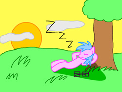 Size: 962x724 | Tagged: safe, artist:sarahstudios11, imported from derpibooru, oc, oc only, oc:artie brush, pegasus, pony, cloud, eyes closed, glasses, grass, hooves behind head, lying down, on back, onomatopoeia, sleeping, sound effects, sun, sunset, tree, zzz