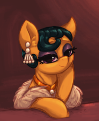 Size: 2260x2775 | Tagged: safe, artist:t72b, imported from derpibooru, cleopatra jazz, earth pony, pony, bust, ear piercing, earring, eyeshadow, feather boa, female, jewelry, looking at you, makeup, mare, necklace, pearl, piercing, simple background, solo, squishy cheeks