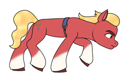 Size: 3199x1850 | Tagged: safe, artist:dancingkinfiend, derpibooru exclusive, imported from derpibooru, sprout cloverleaf, earth pony, pony, belt, blonde, blonde hair, blonde mane, blonde tail, butt, coat markings, colored hooves, concentrating, eyebrows down, frown, g5, high res, hooves, male, my little pony: a new generation, plot, raised hoof, raised leg, red fur, serious, serious face, simple background, socks (coat markings), solo, stallion, tail, walking, wavy hair, wavy mane, white background