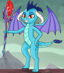 Size: 1280x1469 | Tagged: safe, artist:neondragon, imported from derpibooru, princess ember, dragon, bloodstone scepter, dragon lands, dragoness, female, looking at you, raised leg, smiling, smiling at you, solo, spread wings, wings