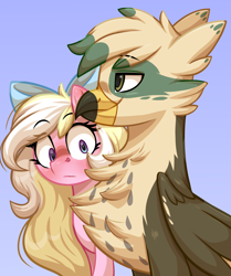 Size: 2066x2473 | Tagged: safe, artist:moonseeker, imported from derpibooru, oc, oc only, oc:bay breeze, oc:dillinger, griffon, pegasus, pony, abstract background, blushing, bow, chest fluff, chest fluff envy, duo, eyes on the prize, female, girl staring at guy's chest, griffon oc, hair bow, male, mare, meme, pegasus oc, ponified meme, simple background, surprised, wings