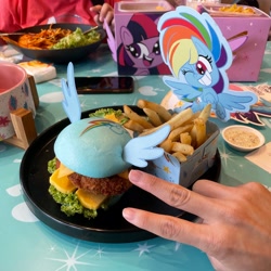 Size: 3022x3022 | Tagged: safe, imported from derpibooru, photographer:kitkatyj, rainbow dash, twilight sparkle, alicorn, human, pegasus, pony, my little pony: pony life, burger, cellphone, female, food, french fries, g4.5, grin, irl, irl human, kumoya, mare, one eye closed, open mouth, open smile, peace sign, phone, photo, smartphone, smiling, spread wings, twilight sparkle (alicorn), wings, wink