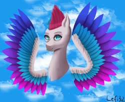 Size: 2707x2217 | Tagged: safe, artist:lefi32, imported from derpibooru, zipp storm, pegasus, pony, spoiler:g5, bust, cloud, female, g5, lineless, mare, shadow, signature, sky, smiling, solo, wings