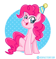 Size: 870x919 | Tagged: safe, artist:redpalette, imported from derpibooru, pinkie pie, earth pony, pony, abstract background, birthday, cute, happy, hat, party hat, polka dots, simple background, sitting, smiling, solo