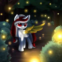 Size: 719x720 | Tagged: safe, artist:tialtri, imported from derpibooru, oc, oc:sinar bulan indonesia, alicorn, firefly (insect), insect, pony, colored wings, female, forest, hair tie, horn, mare, shading, smiling, solo, tree, wings