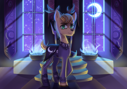 Size: 2709x1900 | Tagged: safe, artist:opal_radiance, imported from derpibooru, oc, oc:laurits rutger, deer, empire, new lunar republic, night, room, solo, throne