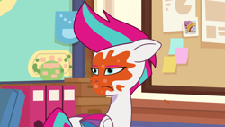Size: 3300x1855 | Tagged: safe, imported from derpibooru, screencap, zipp storm, pegasus, pony, spoiler:g5, spoiler:my little pony: tell your tale, spoiler:tyts01e08, female, foal me once, g5, mare, my little pony: tell your tale, smoothie, solo, splat, unamused, zipp storm is not amused