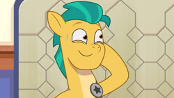 Size: 3410x1920 | Tagged: safe, imported from derpibooru, screencap, hitch trailblazer, earth pony, pony, spoiler:g5, spoiler:my little pony: tell your tale, spoiler:tyts01e08, foal me once, g5, high res, male, my little pony: tell your tale, smiling, solo, stallion, sweat