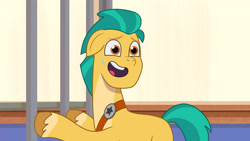 Size: 3410x1920 | Tagged: safe, imported from derpibooru, screencap, hitch trailblazer, earth pony, pony, spoiler:g5, spoiler:my little pony: tell your tale, spoiler:tyts01e08, bipedal, bipedal leaning, foal me once, g5, high res, leaning, male, my little pony: tell your tale, open mouth, open smile, smiling, solo, stallion, sweat