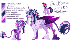 Size: 6045x3528 | Tagged: safe, artist:mysthooves, imported from derpibooru, twilight sparkle, oc, oc:dusk eclipsis sparkle, alicorn, pony, absurd resolution, cloven hooves, colored hooves, colored wings, colored wingtips, dusk shine, female, glasses, kinsona, leonine tail, male, mare, prince dusk, reference sheet, rule 63, solo, stallion, tail, twilight sparkle (alicorn), unshorn fetlocks, wings