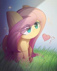 Size: 1850x2300 | Tagged: safe, artist:miryelis, imported from derpibooru, fluttershy, pegasus, pony, asking for it, big eyes, chibi, cute, grass, heart, lineart, long hair, signature, simple background, solo