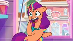 Size: 3410x1920 | Tagged: safe, imported from derpibooru, screencap, sunny starscout, earth pony, pony, spoiler:g5, spoiler:my little pony: tell your tale, spoiler:tyts01e08, :d, bipedal, female, foal me once, g5, high res, mane stripe sunny, mare, my little pony: tell your tale, open mouth, open smile, smiling, solo