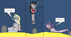 Size: 1024x527 | Tagged: safe, artist:mattjohn1992, imported from derpibooru, derpy hooves, octavia melody, suri polomare, human, equestria girls, asphyxiation, ball and chain, cloth gag, drowning, gag, help us, imminent death, muffled words, struggling, tied up, underwater