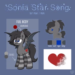 Size: 2560x2560 | Tagged: safe, artist:sugar morning, imported from derpibooru, oc, oc only, oc:sonia star song, bat pony, bat pony oc, bat wings, blank expression, chibi, clothes, colored pupils, ear fluff, female, heart, mare, ponytail, reference sheet, smaller female, socks, solo, striped socks, wings