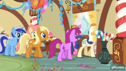 Size: 640x360 | Tagged: safe, imported from derpibooru, screencap, apple cobbler, berry punch, berryshine, bon bon, gala appleby, minuette, pinkie pie, sweetie drops, earth pony, pony, unicorn, a bird in the hoof, season 1, animated, apple family member, cartwheel, eyes closed, female, gif, gifs.com, mare, open mouth, open smile, pinkie being pinkie, smiling, sugarcube corner, walking