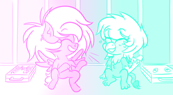Size: 5580x3060 | Tagged: safe, artist:iceflower99, imported from derpibooru, oc, oc:june griffon, oc:sunrise goldhearts, griffon, pegasus, doodle, fanfic art, food, griffon oc, pegasus oc, sandwich, sitting, sketch