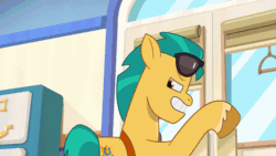 Size: 800x450 | Tagged: safe, imported from derpibooru, screencap, hitch trailblazer, earth pony, pony, spoiler:g5, spoiler:my little pony: tell your tale, spoiler:tyts01e08, abstract background, animated, close-up, foal me once, g5, gif, male, my little pony: tell your tale, open mouth, open smile, smiling, solo, sparkle, stallion, sunglasses, youtube link