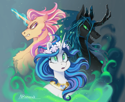 Size: 1330x1080 | Tagged: safe, artist:anoraknr, imported from derpibooru, princess cadance, queen chrysalis, shining armor, alicorn, changeling, unicorn, :o, canterlot wedding 10th anniversary, changeling king, fangs, female, gleaming shield, gritted teeth, king metamorphosis, male, mare, mind control, open mouth, prince bolero, rule 63, sharp teeth, stallion, teeth