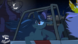 Size: 1920x1079 | Tagged: safe, artist:shawn keller, imported from derpibooru, oc, oc only, oc:athena (shawn keller), oc:lustrous (shawn keller), pegasus, pony, abandoned, amusement park, crown, cute, female, guardians of pondonia, jeep, jewelry, mare, margarita paranormal, moon, night, not celestia, not chrysalis, pegasus oc, regalia, smiling, the three kingdoms, youtube link