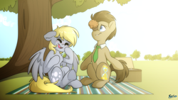 Size: 5000x2813 | Tagged: safe, artist:fluffyxai, imported from derpibooru, derpy hooves, doctor whooves, time turner, earth pony, pegasus, pony, balancing, basket, blushing, chest fluff, crying, cute, doctorderpy, female, laughing, male, open mouth, open smile, picnic basket, picnic blanket, ponies balancing stuff on their nose, shipping, smiling, straight, tears of laughter, teary eyes, tree