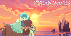 Size: 2064x1049 | Tagged: safe, artist:not-yet-a-brony, imported from derpibooru, sandbar, yona, earth pony, yak, 2022, beach, friends, friendship, hug, may, movie reference, ocean, ocean waves, studio ghibli, sunset, water, youtube link in the description