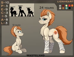 Size: 4096x3171 | Tagged: safe, artist:singovih, imported from derpibooru, oc, oc:lionheart, earth pony, pony, fallout equestria, bandage, desert rangers, eye scar, female, foal, game, mare, muscles, reference, reference sheet, scar, wasteland