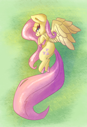 Size: 1024x1489 | Tagged: safe, artist:leadhooves, imported from derpibooru, fluttershy, pegasus, pony, aside glance, colored hooves, female, hooves to the chest, lidded eyes, long tail, looking at you, mare, profile, smiling, solo, spread wings, tail, vertical, wings