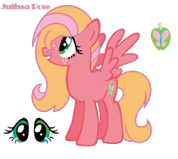 Size: 698x622 | Tagged: safe, artist:martulove-chan, imported from derpibooru, oc, oc only, oc:julissa rose, butterfly, pegasus, pony, apple, cutie mark, eye, eyes, food, lidded eyes, offspring, parent:big macintosh, parent:fluttershy, parents:fluttermac, simple background, smiling, text, transparent background, wings