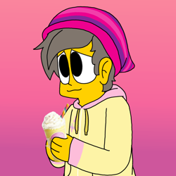 Size: 2048x2048 | Tagged: safe, artist:haileykitty69, imported from derpibooru, human, clothes, cutie mark on clothes, frappuccino, gradient background, not pony related, pink background, seymour skinner, simple background, solo, the simpsons