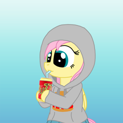Size: 2048x2048 | Tagged: safe, artist:haileykitty69, imported from derpibooru, fluttershy, pegasus, semi-anthro, buzz cola, clothes, drink, drinking straw, folded wings, gradient background, high res, hoodie, soda, solo, steamed hams, the simpsons, wings