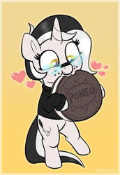 Size: 1236x1794 | Tagged: safe, artist:heretichesh, imported from derpibooru, oc, oc only, oc:diamond horseshoe, pony, unicorn, bipedal, clothes, cookie, cute, eating, female, filly, floating heart, foal, food, giant food, glasses, gradient background, happy, heart, horn, oreo, smiling, solo, stuffing, sweater, unicorn oc, yellow eyes