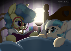 Size: 3056x2184 | Tagged: safe, artist:vinilyart, imported from derpibooru, charity kindheart, coco pommel, earth pony, pony, bed, bedtime story, book, cocobetes, cute, duo, female, filly, filly coco pommel, foal, mare, younger