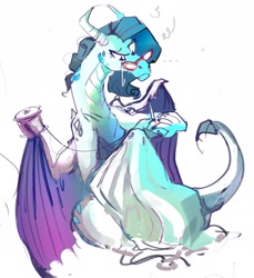 Size: 1938x2120 | Tagged: safe, artist:alumx, imported from derpibooru, rarity, dragon, dragon wings, dragoness, dragonified, fabric, female, glasses, raridragon, rarity's glasses, sewing, sewing needle, simple background, solo, species swap, spool, thread, white background, wings