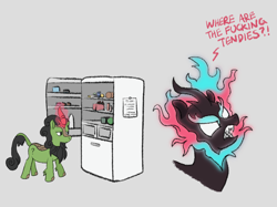 Size: 2732x2048 | Tagged: safe, artist:rawtszy, imported from derpibooru, oc, oc:anon, oc:anon kirin, oc:anon stallion, kirin, nirik, 4chan, angry, anonymous, food, kirin-ified, magic, male, refrigerator, solo, species swap, stallion, vulgar